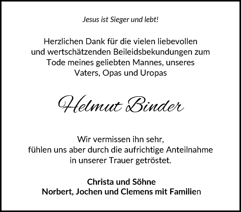 Traueranzeige für Helmut Binder vom 10.03.2022 aus Waiblinger Kreiszeitung