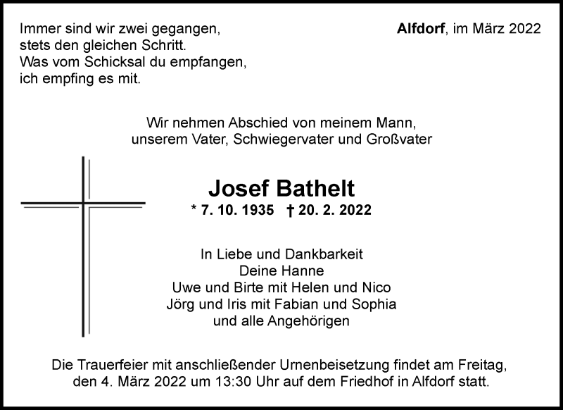  Traueranzeige für Josef Bathelt vom 02.03.2022 aus Waiblinger Kreiszeitung