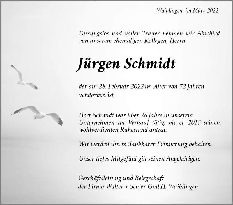  Traueranzeige für Jürgen Schmidt vom 15.03.2022 aus Waiblinger Kreiszeitung