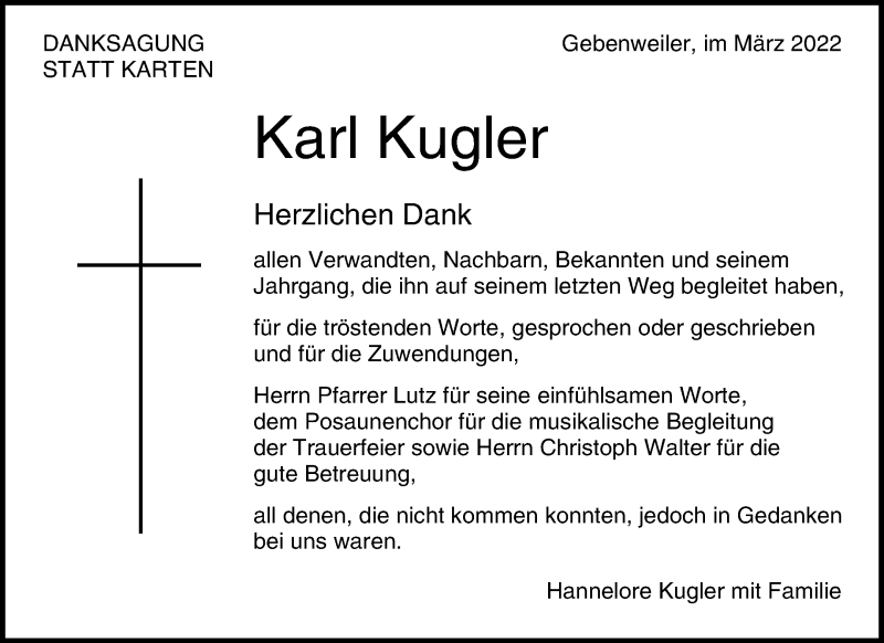  Traueranzeige für Karl Kugler vom 17.03.2022 aus Waiblinger Kreiszeitung