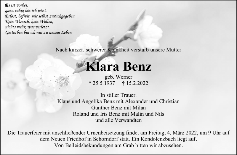  Traueranzeige für Karla Benz vom 01.03.2022 aus Waiblinger Kreiszeitung