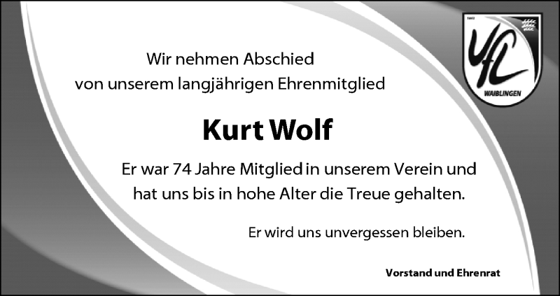  Traueranzeige für Kurt Wolf vom 02.03.2022 aus Waiblinger Kreiszeitung