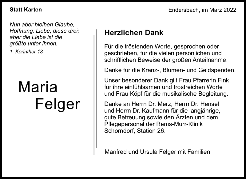  Traueranzeige für Maria Felger vom 19.03.2022 aus Waiblinger Kreiszeitung