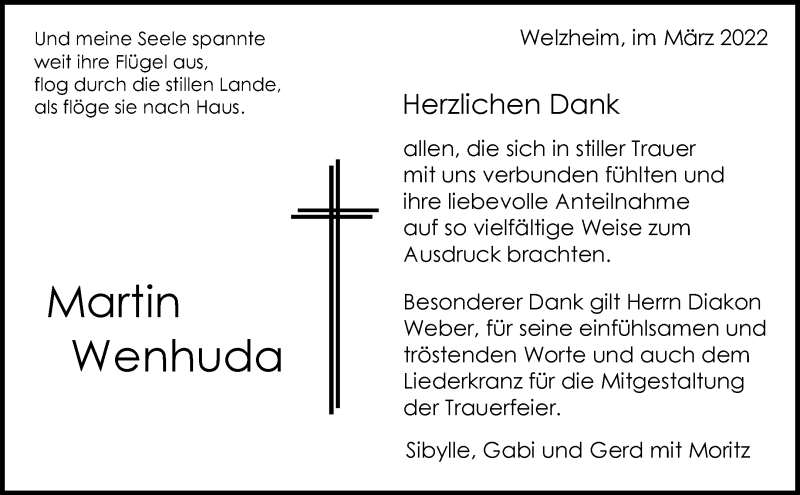  Traueranzeige für Martin Wenhuda vom 16.03.2022 aus Waiblinger Kreiszeitung