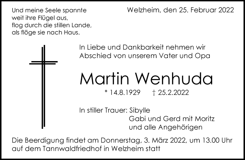  Traueranzeige für Martin Wenhuda vom 01.03.2022 aus Waiblinger Kreiszeitung