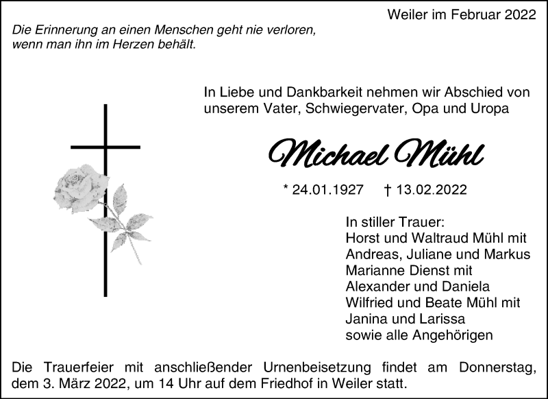  Traueranzeige für Michael Mühl vom 01.03.2022 aus Waiblinger Kreiszeitung