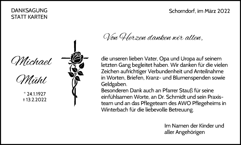  Traueranzeige für Michael Mühl vom 10.03.2022 aus Waiblinger Kreiszeitung