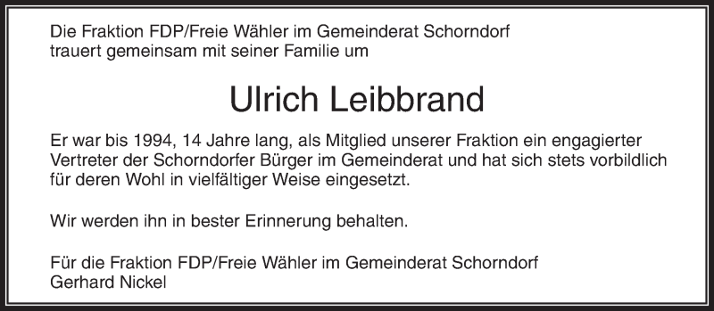  Traueranzeige für Ulrich Leibbrand vom 01.03.2022 aus Waiblinger Kreiszeitung