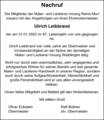 Traueranzeige von Ulrich Leibbrand von Waiblinger Kreiszeitung