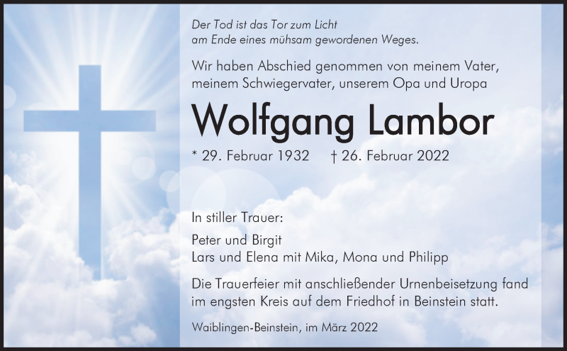  Traueranzeige für Wolfgang Lambor vom 12.03.2022 aus Waiblinger Kreiszeitung