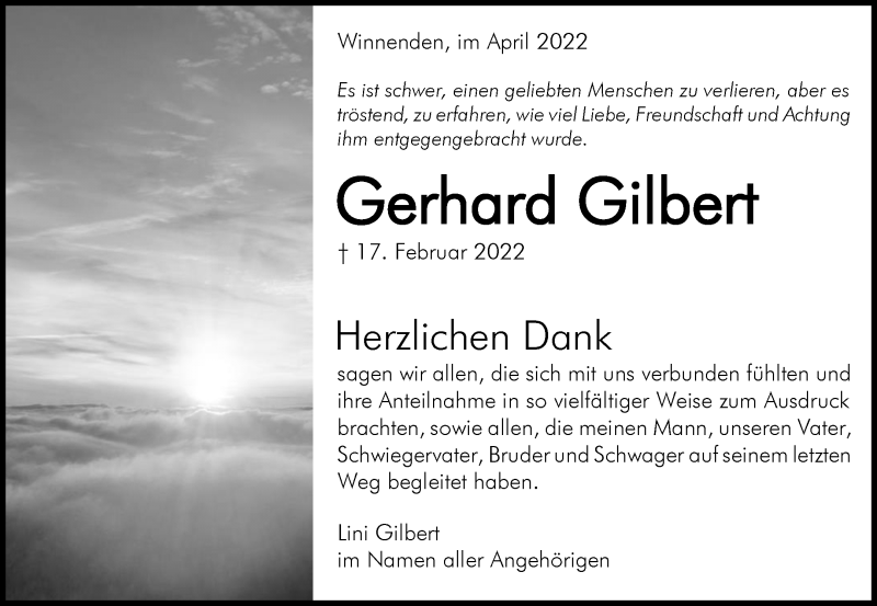  Traueranzeige für Gerhard Gilbert vom 09.04.2022 aus Waiblinger Kreiszeitung