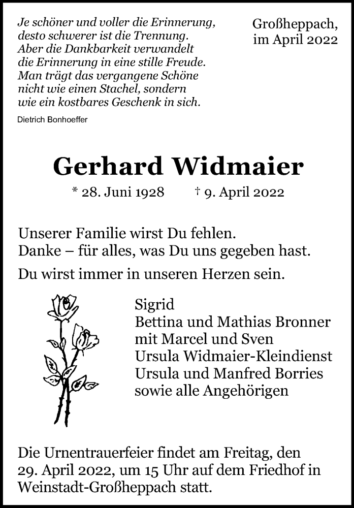  Traueranzeige für Gerhard Widmaier vom 23.04.2022 aus Waiblinger Kreiszeitung