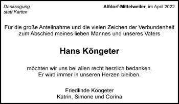 Traueranzeige von Hans Köngeter von Waiblinger Kreiszeitung