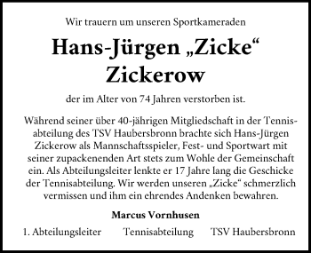 Traueranzeige von Hans Jürgen Zickerow von Waiblinger Kreiszeitung