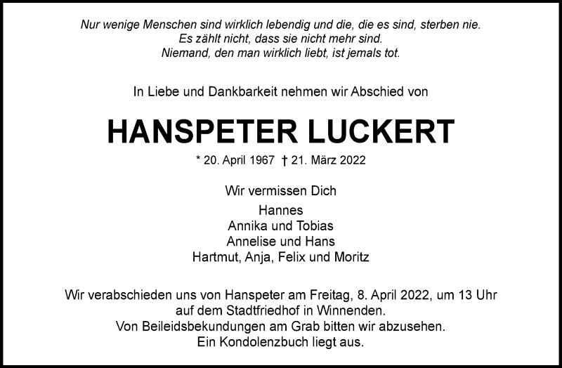  Traueranzeige für Hanspeter Luckert vom 02.04.2022 aus Waiblinger Kreiszeitung