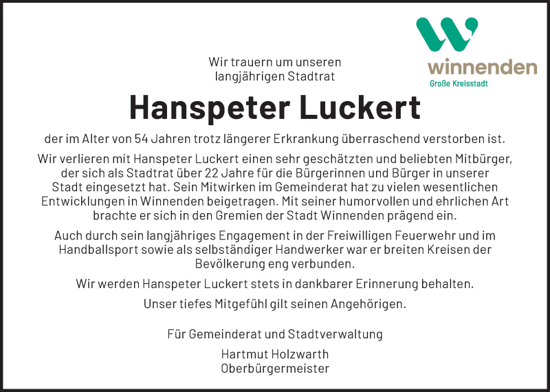  Traueranzeige für Hanspeter Luckert vom 02.04.2022 aus Waiblinger Kreiszeitung