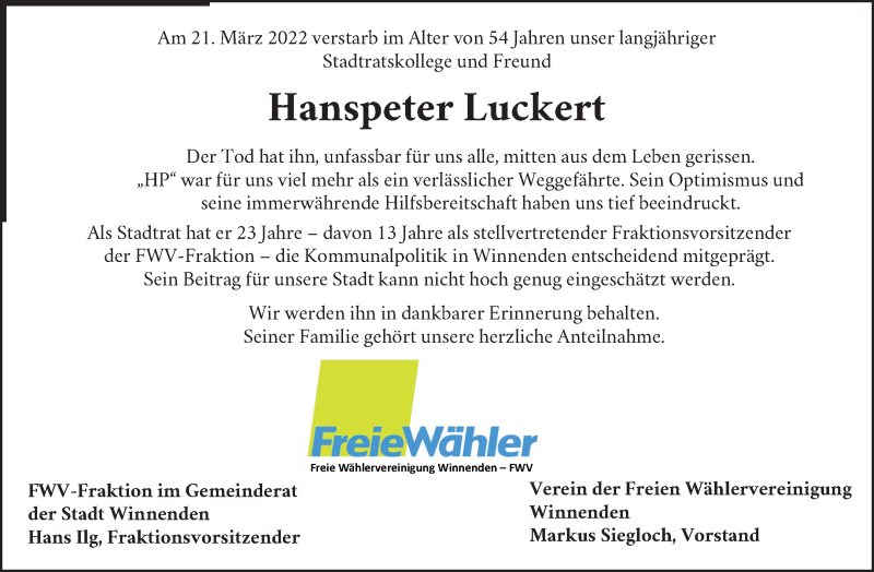  Traueranzeige für Hanspeter Luckert vom 02.04.2022 aus Waiblinger Kreiszeitung