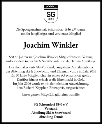 Traueranzeige von Joachim Winkler von Waiblinger Kreiszeitung