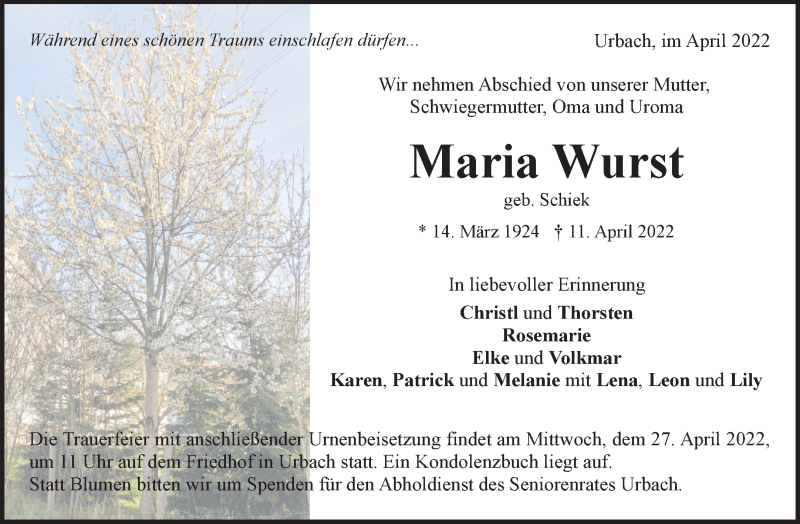  Traueranzeige für Maria Wurst vom 23.04.2022 aus Waiblinger Kreiszeitung