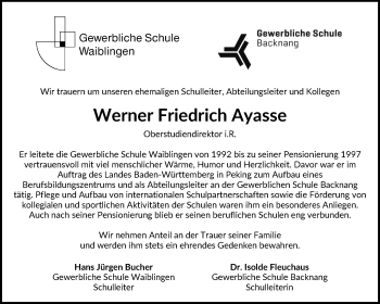 Traueranzeige von Werner Friedrich Ayasse von Waiblinger Kreiszeitung