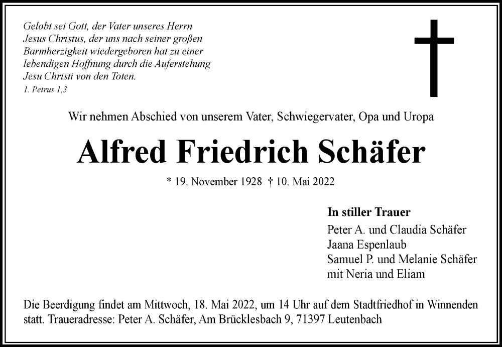  Traueranzeige für Alfred Friedrich Schäfer vom 13.05.2022 aus Waiblinger Kreiszeitung
