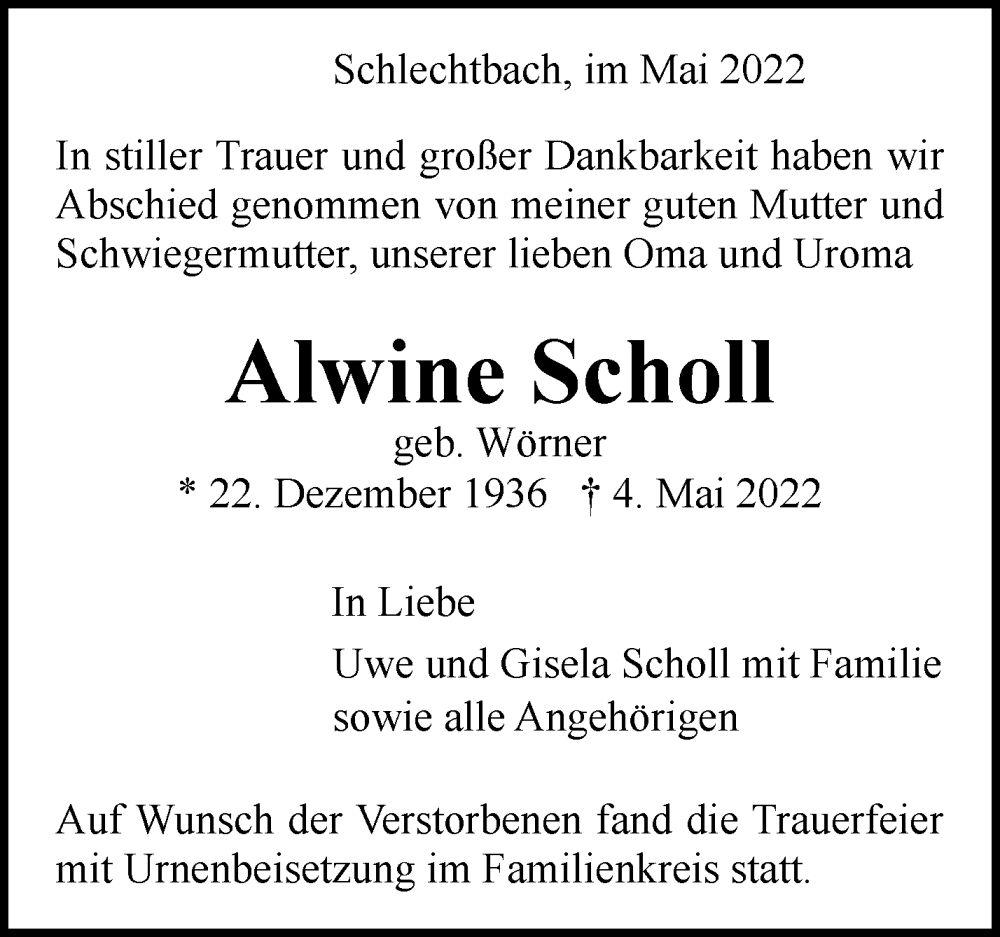  Traueranzeige für Alwine Scholl vom 14.05.2022 aus Waiblinger Kreiszeitung