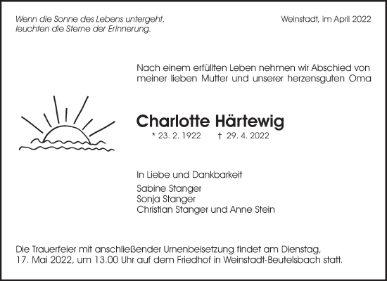 Traueranzeige von Charlotte Härtewig von Waiblinger Kreiszeitung