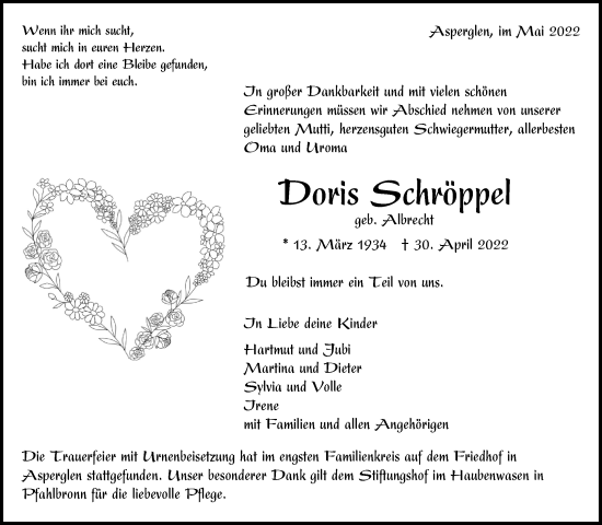 Traueranzeige von Doris Schröppel von Waiblinger Kreiszeitung