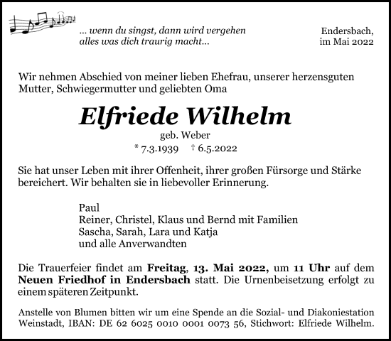 Traueranzeige von Elfriede Wilhelm von Waiblinger Kreiszeitung