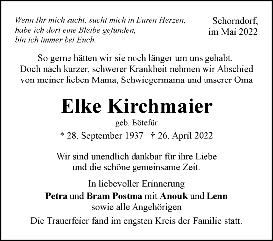 Traueranzeige von Elke Kirchmaier von Waiblinger Kreiszeitung