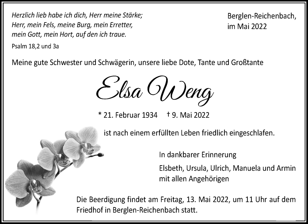  Traueranzeige für Elsa Weng vom 11.05.2022 aus Waiblinger Kreiszeitung