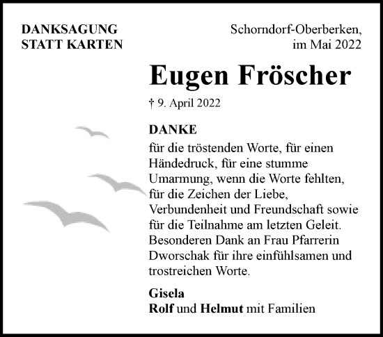 Traueranzeige von Eugen Fröscher von Waiblinger Kreiszeitung