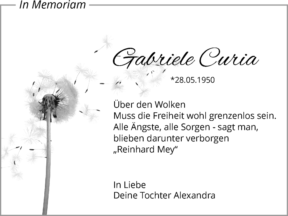  Traueranzeige für Gabriele Curia vom 28.05.2022 aus Waiblinger Kreiszeitung