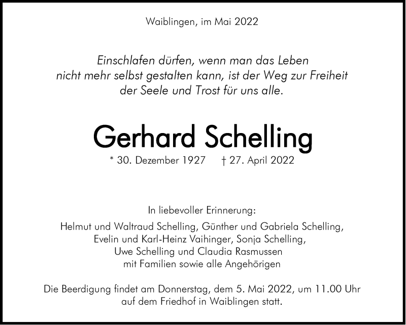  Traueranzeige für Gerhard Schelling vom 02.05.2022 aus Waiblinger Kreiszeitung