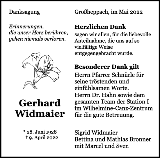 Traueranzeige von Gerhard Widmaier von Waiblinger Kreiszeitung