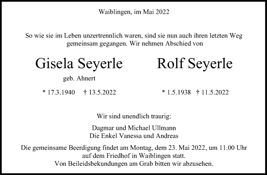 Traueranzeige von Gisela und Rolf Seyerle von Waiblinger Kreiszeitung