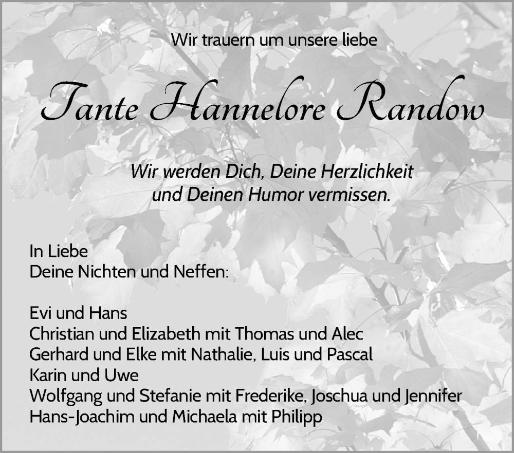  Traueranzeige für Hannelore Randow vom 17.05.2022 aus Waiblinger Kreiszeitung
