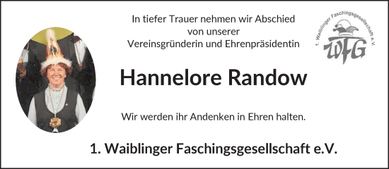 Traueranzeige von Hannelore Randow von Waiblinger Kreiszeitung