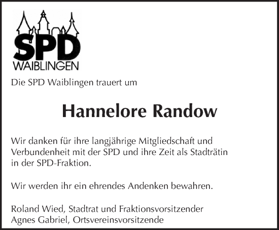 Traueranzeige von Hannelore Randow von Waiblinger Kreiszeitung