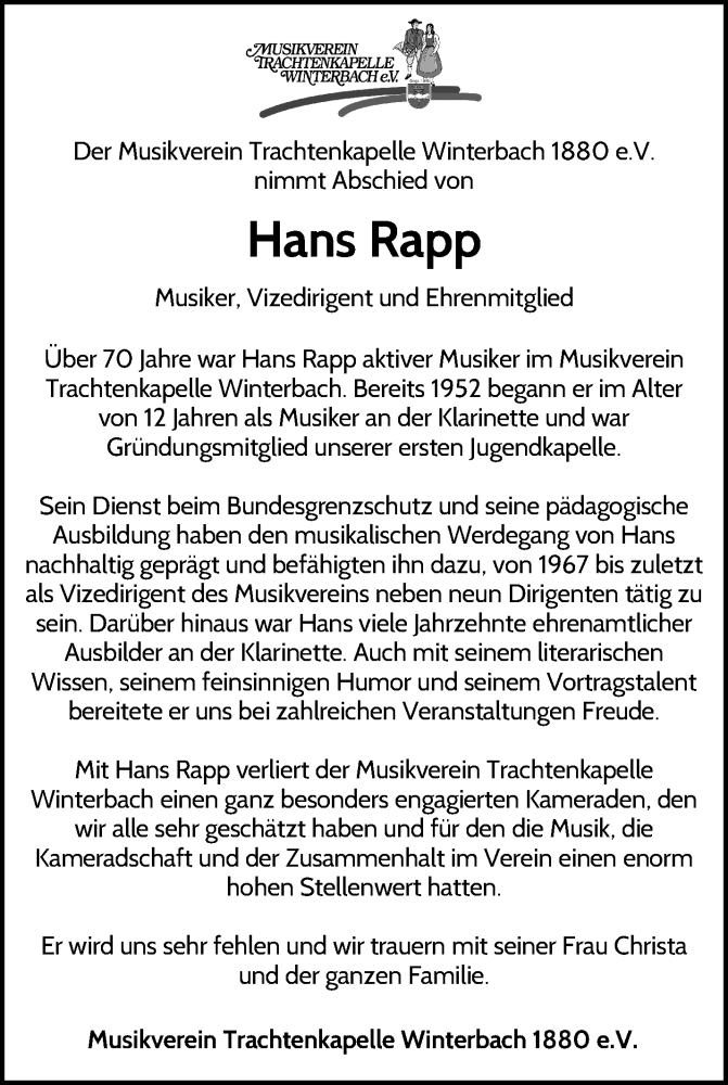  Traueranzeige für Hans Rapp vom 05.05.2022 aus Waiblinger Kreiszeitung