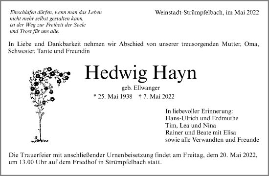 Traueranzeige von Hedwig Hayn von Waiblinger Kreiszeitung