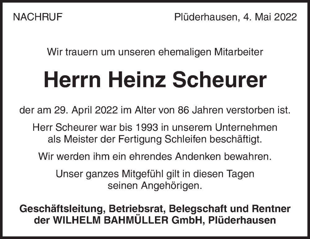  Traueranzeige für Heinz Scheurer vom 10.05.2022 aus Waiblinger Kreiszeitung