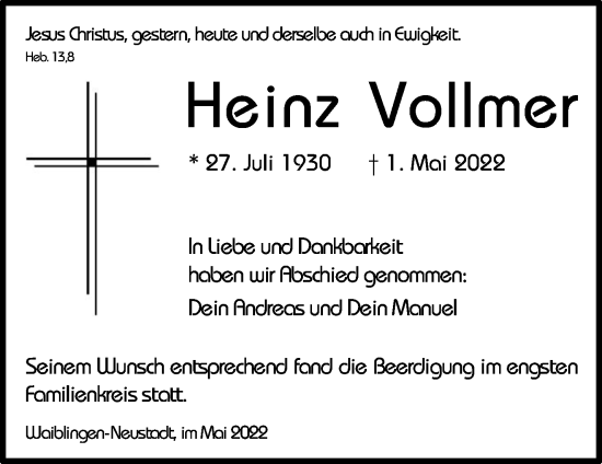 Traueranzeige von Heinz Vollmer von Waiblinger Kreiszeitung