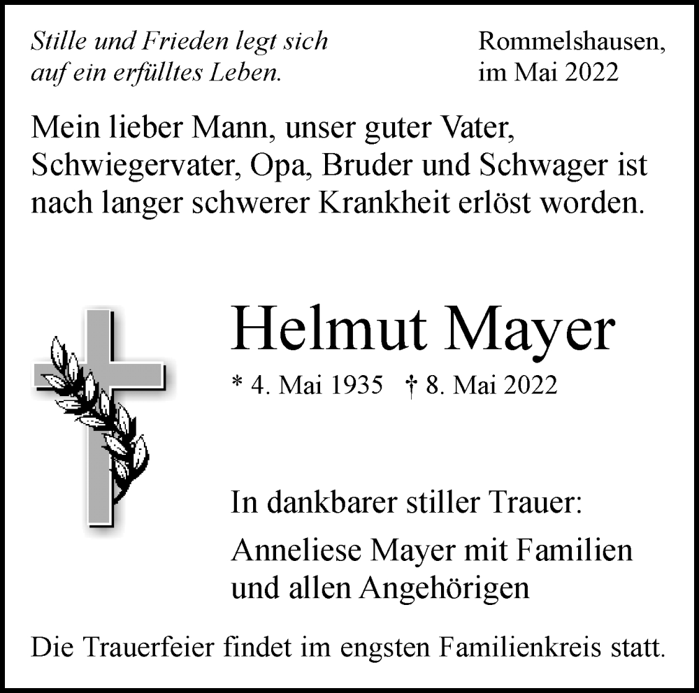  Traueranzeige für Helmut Mayer vom 12.05.2022 aus Waiblinger Kreiszeitung