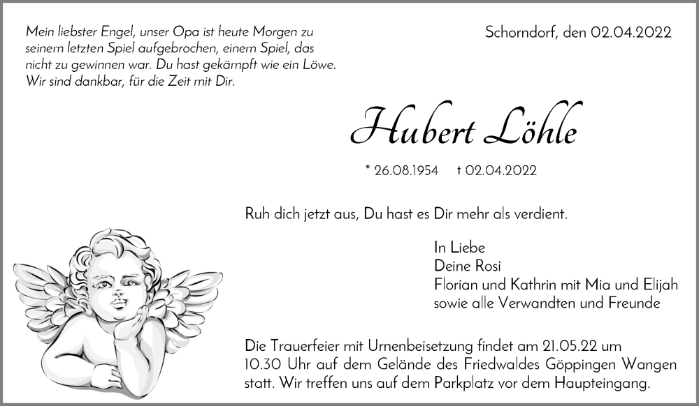  Traueranzeige für Hubert Löhle vom 17.05.2022 aus Waiblinger Kreiszeitung