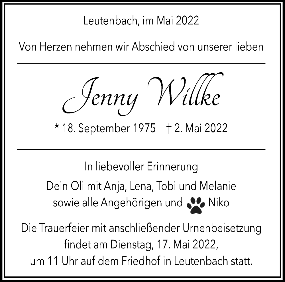  Traueranzeige für Jenny Willke vom 12.05.2022 aus Waiblinger Kreiszeitung