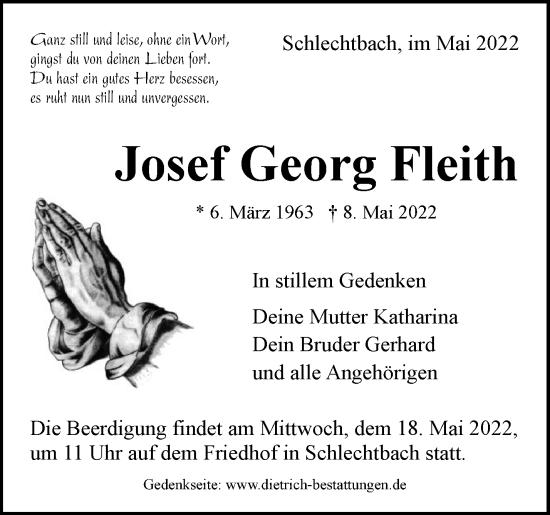 Traueranzeige von Josef Georg Fleith von Waiblinger Kreiszeitung