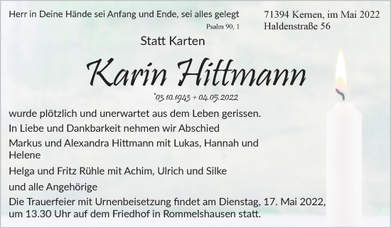 Traueranzeige von Karin Hittmann von Waiblinger Kreiszeitung