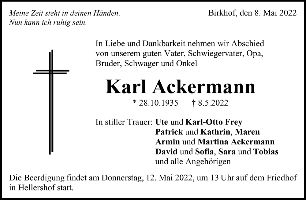  Traueranzeige für Karl Ackermann vom 10.05.2022 aus Waiblinger Kreiszeitung