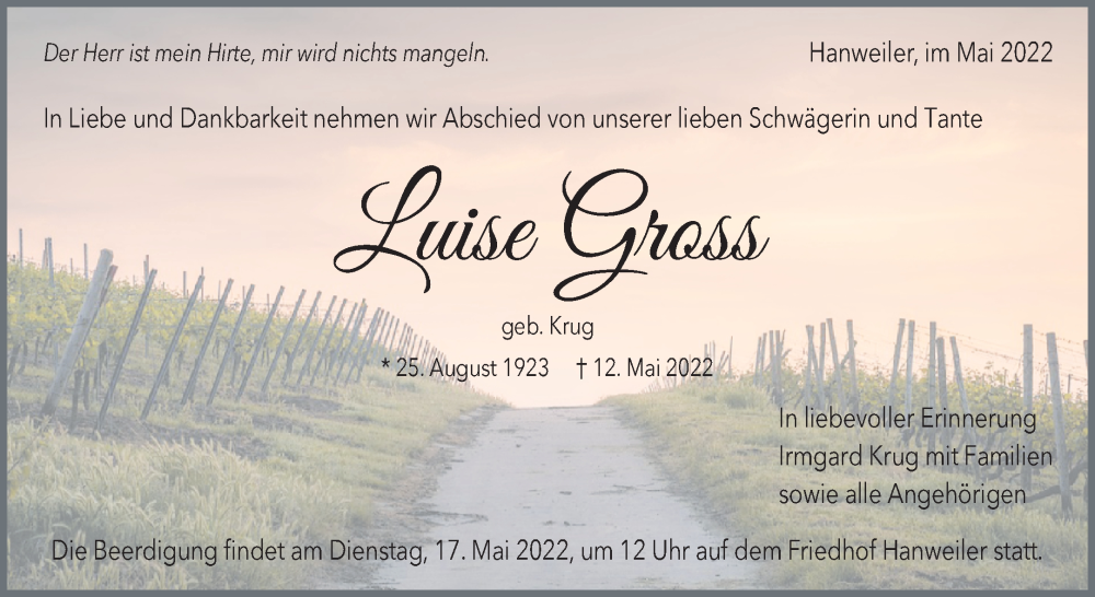 Traueranzeige für Luise Gross vom 14.05.2022 aus Waiblinger Kreiszeitung